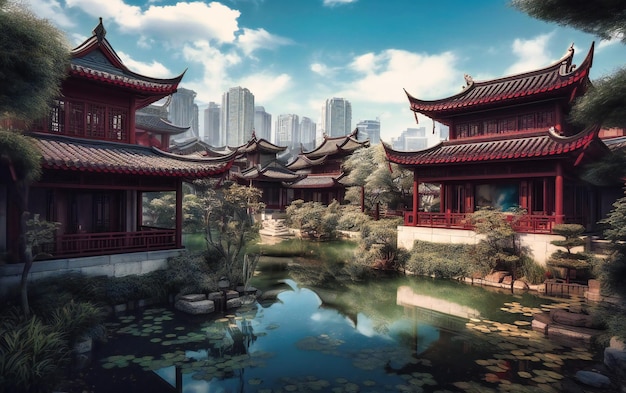 Vista del jardín tradicional chino shanghai