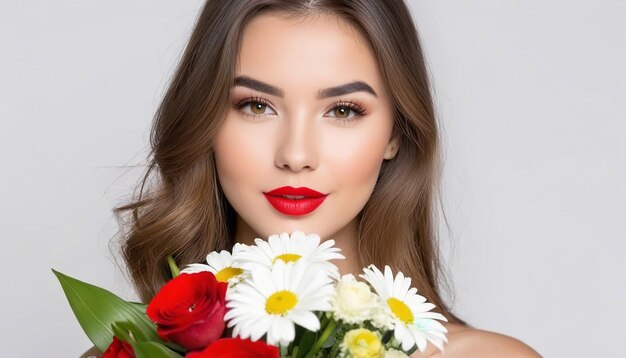 Vista de una joven bonita sosteniendo un ramo de flores