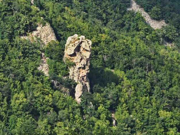 Vista de las laderas de las montañas, las rocas y el paisaje desde el monte Beshtau. Piatigorsk, Rusia.