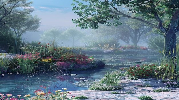 Vista del lago en 3D con flores paisaje natural