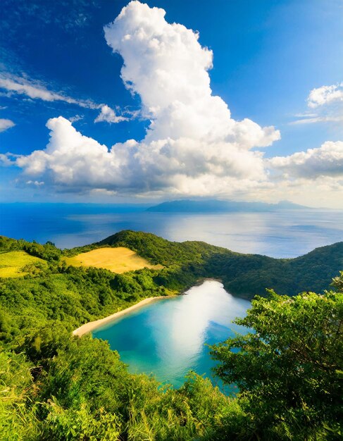 Foto una vista de un lago desde un acantilado con una montaña en el fondo