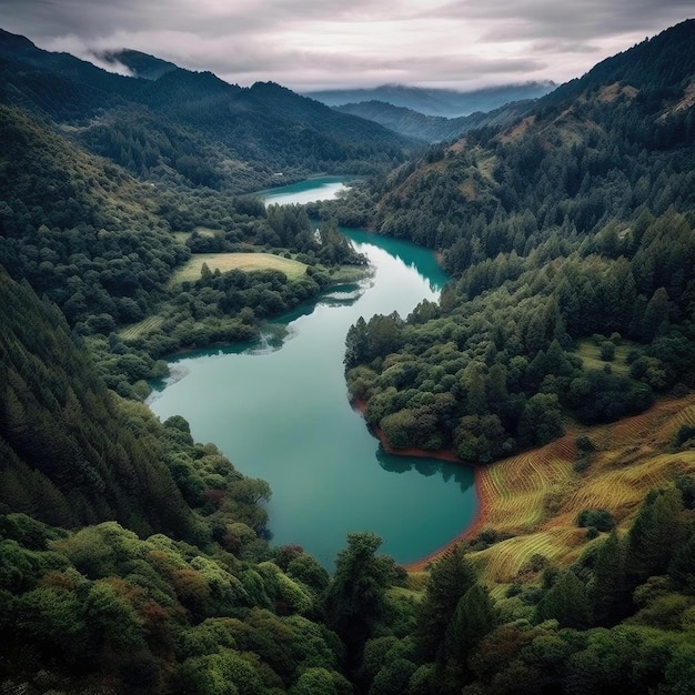 Vista del lago azul claro con colinas onduladas