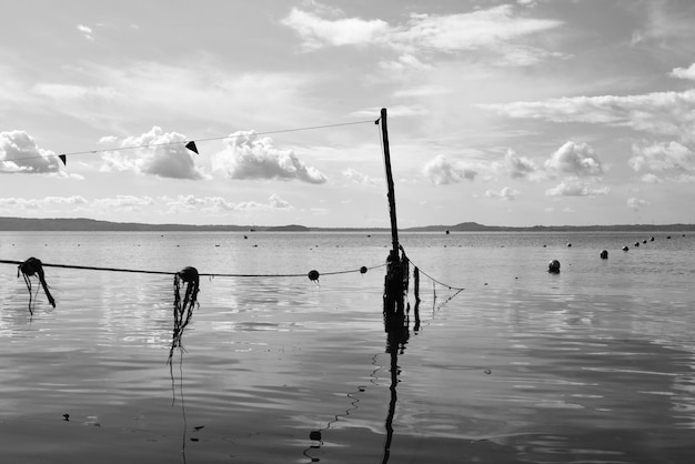 Vista del lago de Bolsena con boyas flotantes y redes de pesca contra un cielo azul con algunas nubes Colinas en el fondo del lago de Bolsena Italia