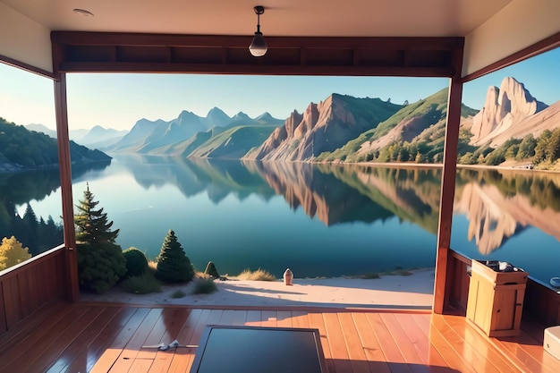 Una vista de un lago desde una casa con una montaña al fondo.