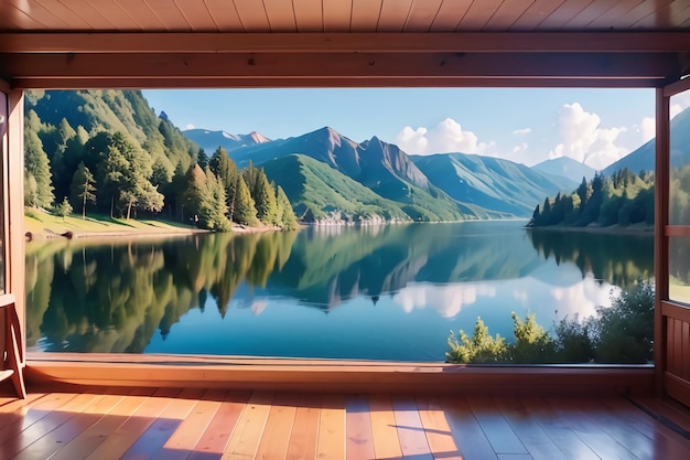 Una vista de un lago desde una habitación con vista a las montañas y los árboles.