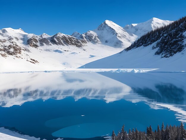 Vista del lago helado y las altas montañas nevadas Generado por IA