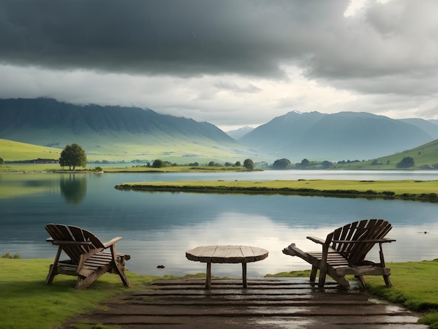 la vista de un lago en medio de un prado después de la lluvia