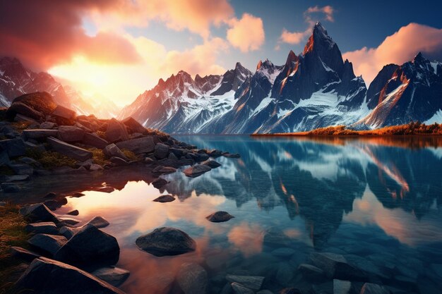 una vista de un lago con montañas en el medio