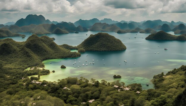 una vista de un lago con muchos barcos en él