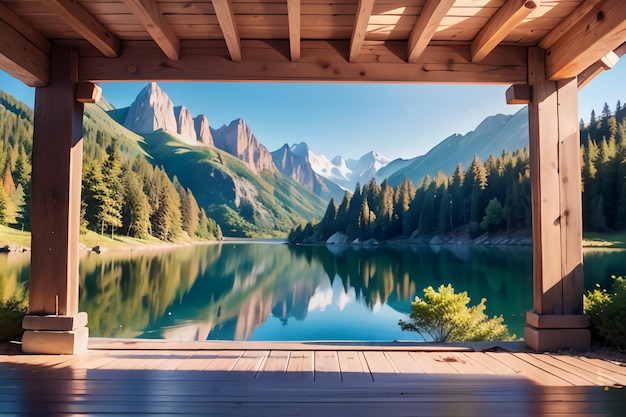 Una vista de un lago desde un porche cubierto