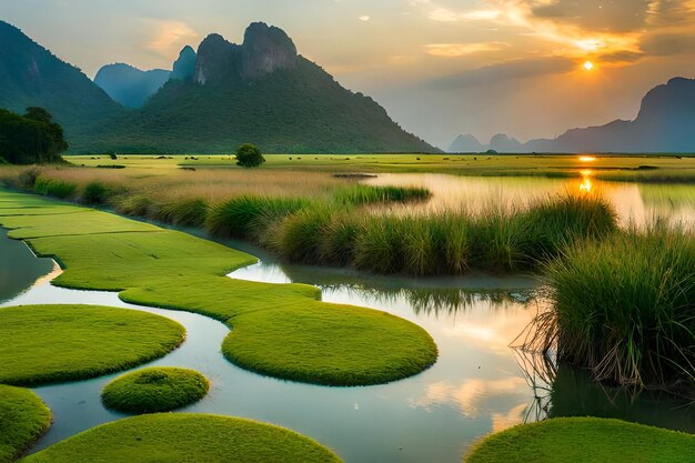 Una vista de un lago con una puesta de sol de fondo.