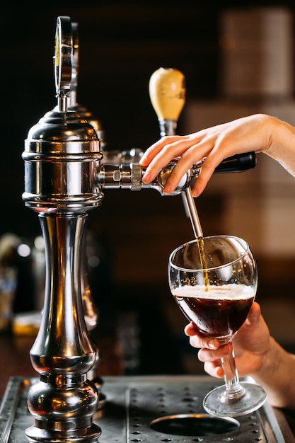 Vista lateral 4 sobre el camarero vertiendo cerveza de barril en un vaso en el bar