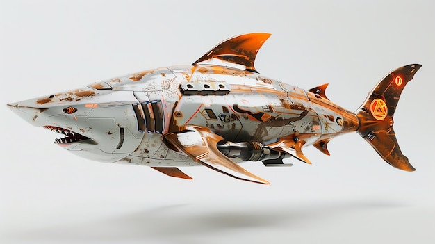 Vista lateral de activos 3D de un tiburón cyborg biológico diseñado sin problemas