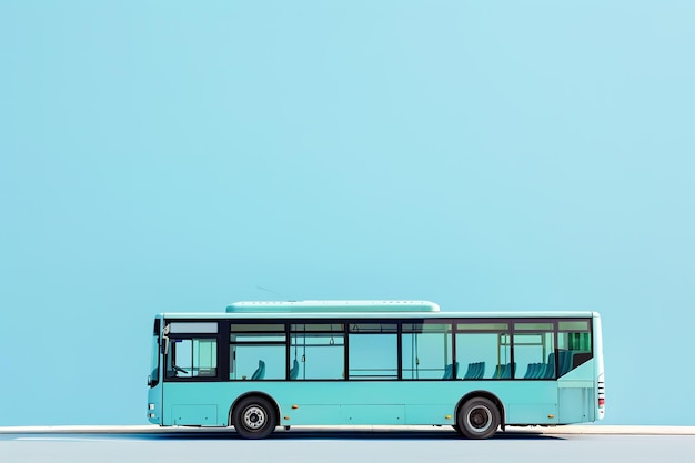 Vista lateral de un autobús de la ciudad en un fondo azul claro con un amplio espacio de copia