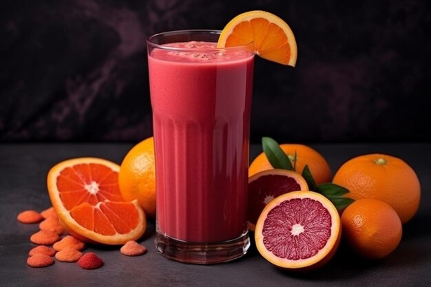 Foto vista lateral batido de frutas rojas con túbulos para bebidas y media naranja y gotas en servilletas