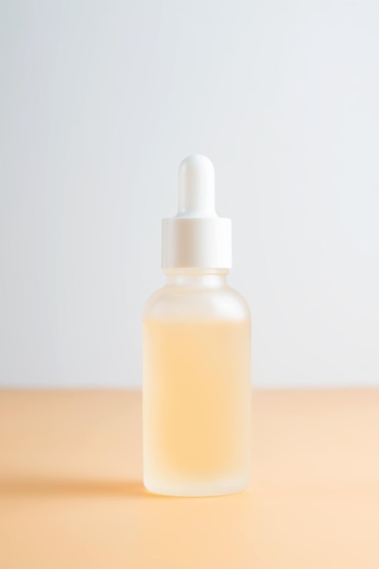 Foto vista lateral de una botella de gotero de vidrio esmaltado con aceite facial de belleza en fondo beige suero antienvejecimiento con ingredientes naturales