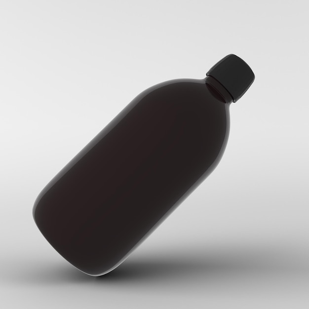 Vista lateral de una botella médica de vidrio con fondo blanco