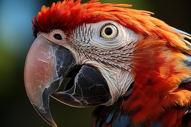 Foto vista lateral de la cabeza de un guacamayo escarlata en primer plano