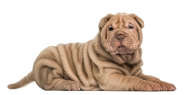 Vista lateral de un cachorro de Shar Pei mirando a la cámara aislada en blanco