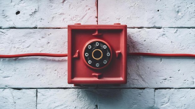 Foto vista lateral caixa de junção elétrica de plástico e fio vermelho isolado em fundo branco