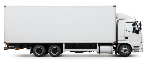 Foto vista lateral del camión de contenedores blanco fondo aislado imagen generada por ia