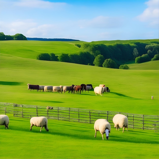Vista lateral del campo con caballo de oveja y cielo azul
