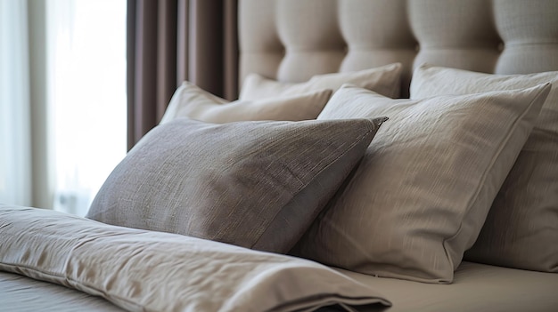 Vista lateral de cerca de las almohadas y el cabecera de una cama doble vacía con una IA generativa marrón