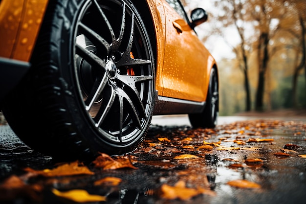 vista lateral de cerca de los neumáticos de coche naranja en la carretera de asfalto en un día lluvioso de otoño