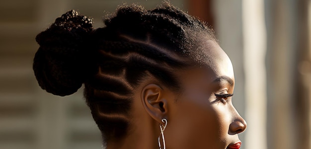 Vista lateral cercana del rostro de una mujer africana con un elegante peinado trenzado al aire libre