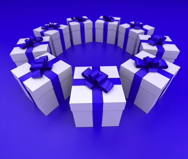 vista lateral, de, un, círculo, de, blanco, cajas regalo, con, azul, cintas, y, plano de fondo, 3d, interpretación