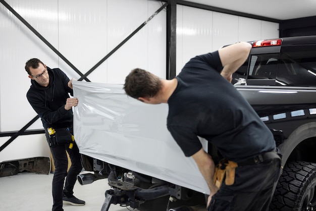 Foto vista lateral del coche de los hombres envolviendo juntos