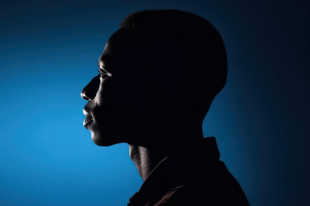 Vista lateral del contorno del perfil de la silueta masculina afroamericana contra un fondo azul profundo