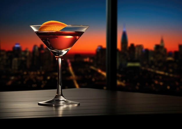 Una vista lateral de una copa de cóctel Kamikaze con el horizonte de la ciudad al fondo, evocando una animada urb.
