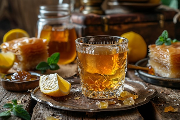 Foto vista lateral de una copa de té con baklava y limón y mermelada en la mesa