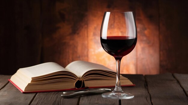 Vista lateral de una copa de vino tinto en un libro