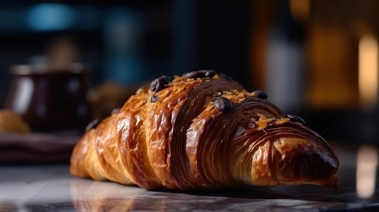 Vista lateral de croissant decorado con chocolate sobre una tabla de madera Generative Ai