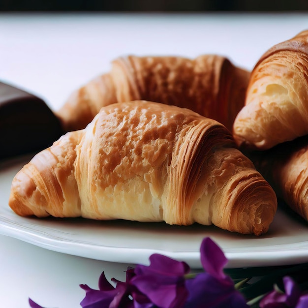 Vista lateral de croissants con chocolate en un plato blanco con fondo de flores moradas