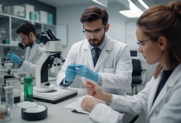 Vista lateral del cultivo médico masculino anónimo en uniforme y máscara usando el microscopio mientras trabaja en el laboratorio cerca de una colega mujer