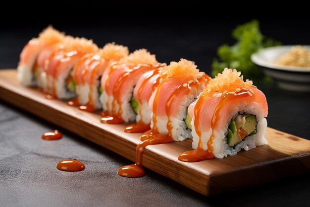 Vista lateral da culinária tradicional japonesa de sushi com atum servido com gengibre em verde