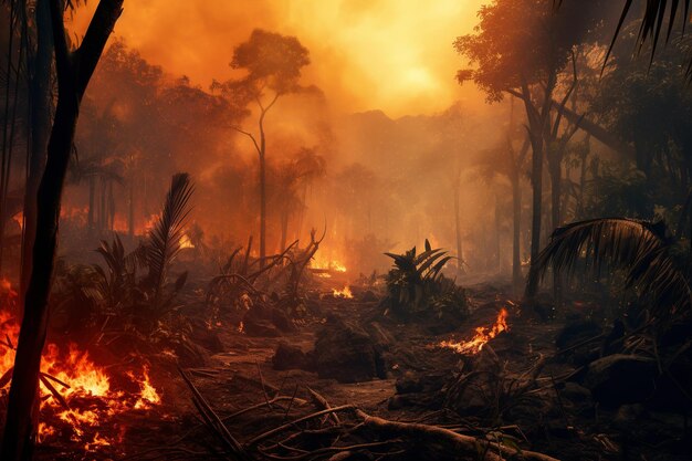 Vista lateral da floresta tropical em chamas da floresta envolta em chamas intensas