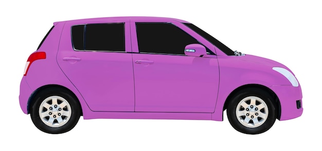 Vista lateral de carro hatchback rosa isolado em fundo branco