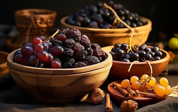 Foto vista lateral de colheita de uvas e tigelas castanhas de frutas secas