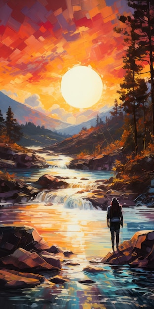 Vista lateral de Emily Uma pintura impressionista vibrante de um nascer do sol no penhasco