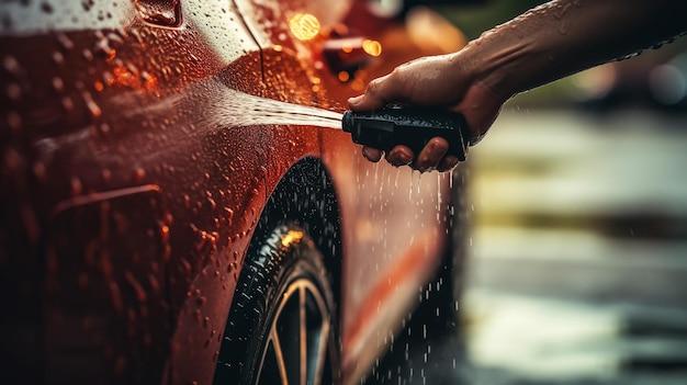 Foto vista lateral de homem barbudo profissional de lavagem de carros em luvas de borracha pretas segurando a microfibra cinzenta e limpando a grelha do radiador de um carro vermelho de luxo