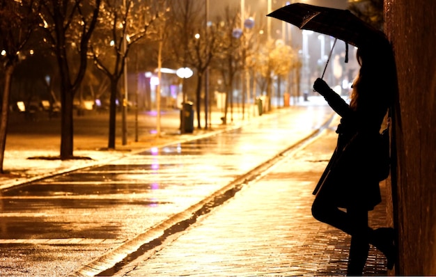 Vista lateral de mulher em silhueta com guarda-chuva de pé na rua molhada à noite