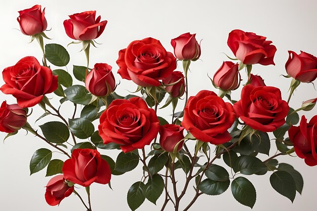 Vista lateral de rosas de cor vermelha isoladas em fundo branco com espaço de cópia