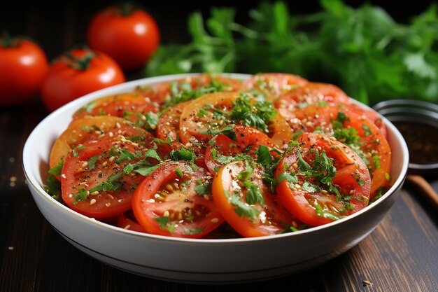 Vista lateral de salada vegana em um prato com vários vegetais e tomates de garfo com caule no escuro