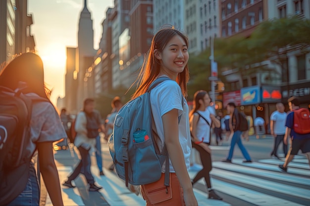 Vista lateral de sorriso jovem garota asiática com mochila caminhando na rua da cidade