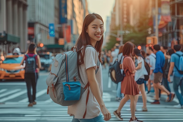 Vista lateral de sorriso jovem garota asiática com mochila caminhando na rua da cidade