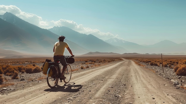 Vista lateral de turista irreconhecível em roupas casuais com bagagem andando de bicicleta em estrada de terra perto de montanhas